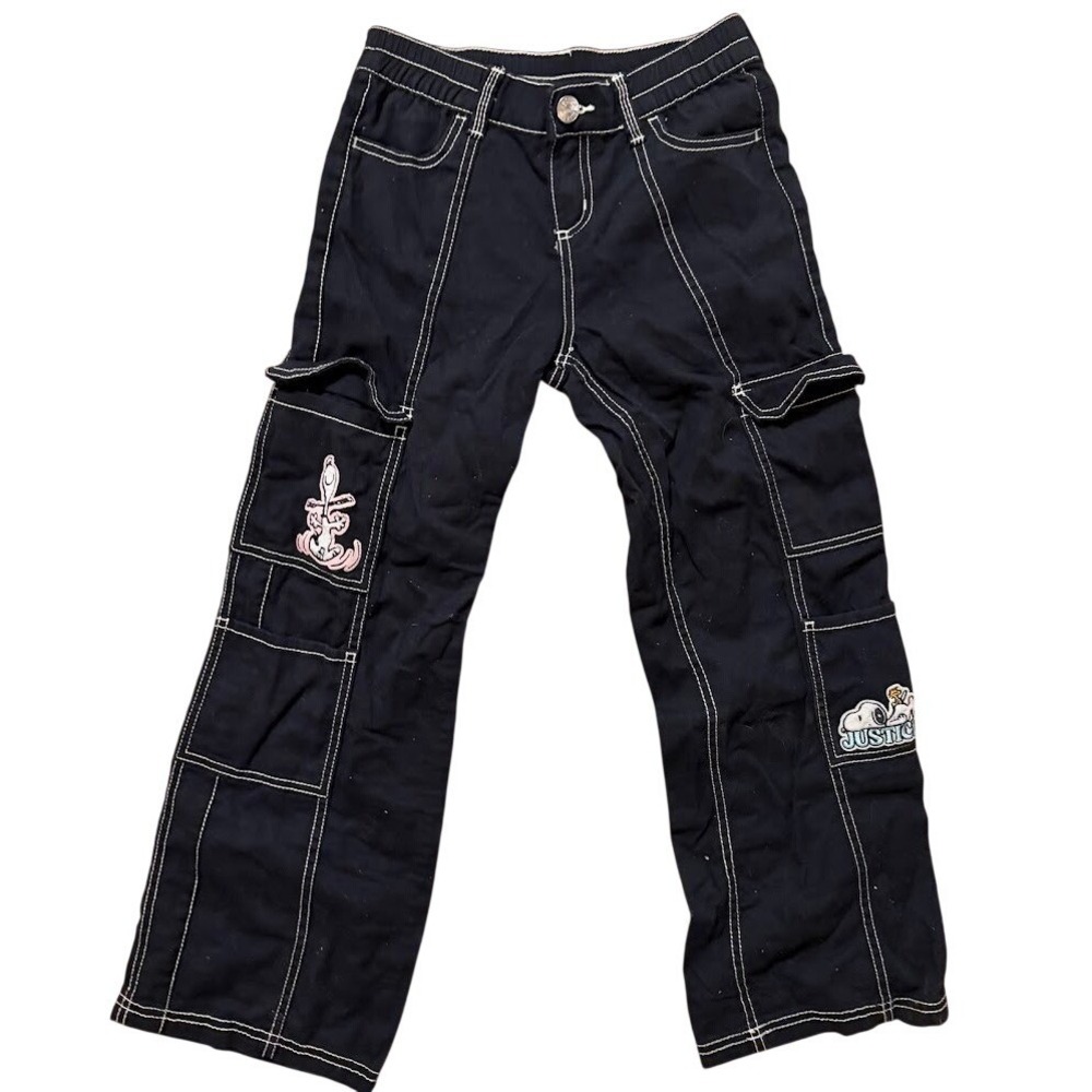 Justice‎ Peanuts Snoopy Black Cargo Pants Contrast Stitch Girls Size 10 Wide Leg